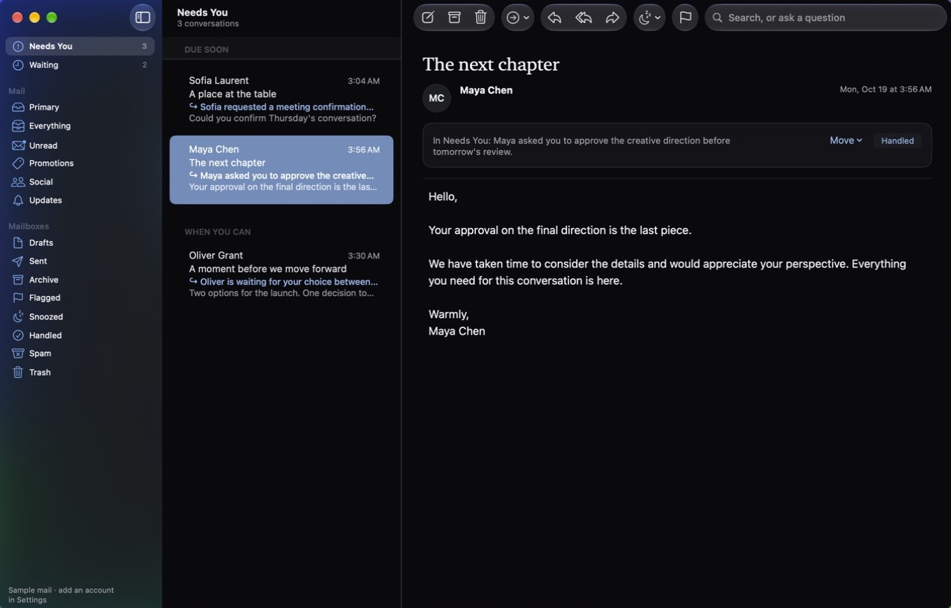 Corres on a Mac: the sidebar, Needs You with the reason for each email, and an open conversation